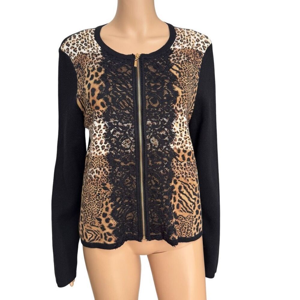 Chico's cotton blend Black Full Zip Lace Leopard Print Cardigan Sweater Size M